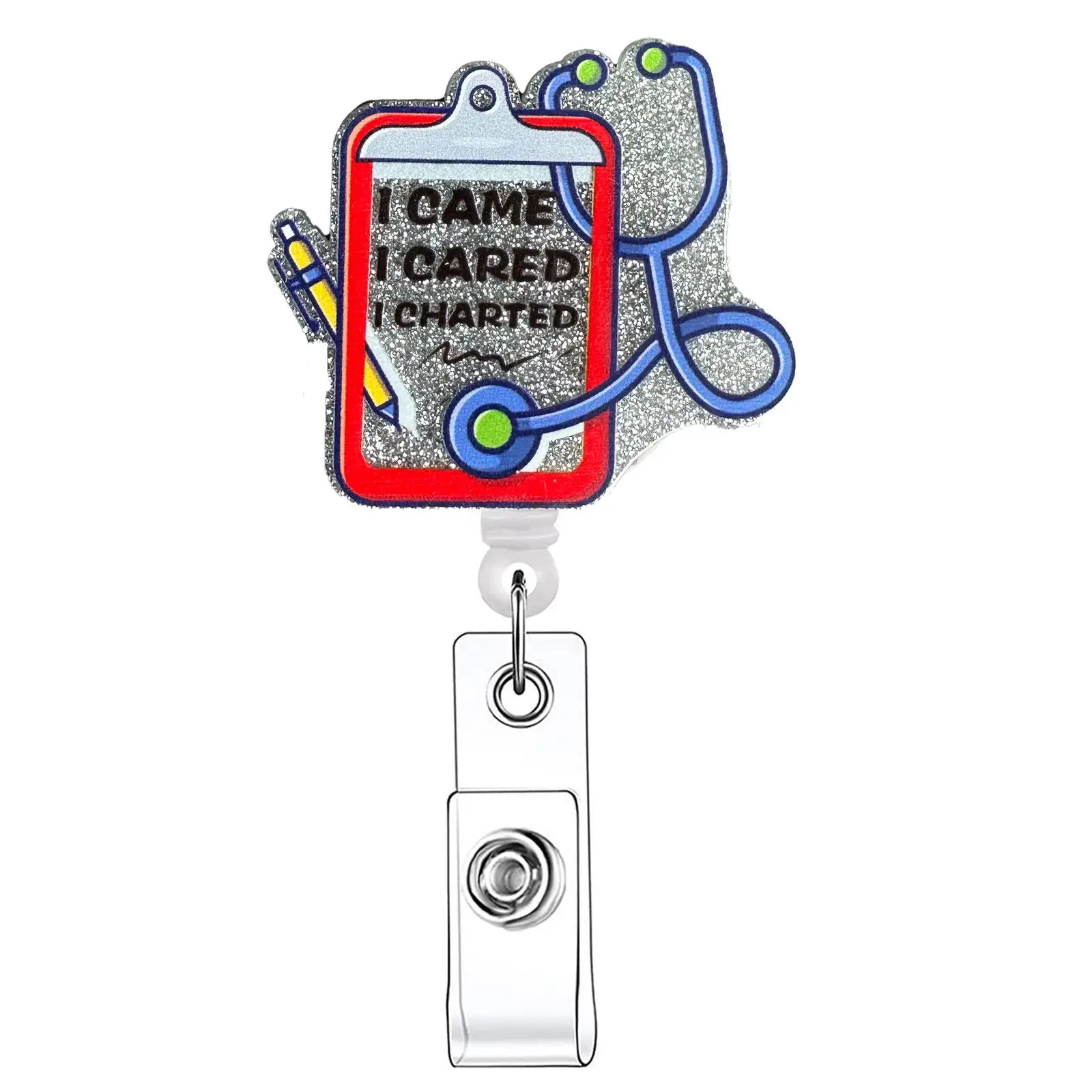 Cartoon Nurse Themed Badge Holder, 1 Count Portable Bling Retractable Badge Reel, Glitter Acrylic Name Badge Holder for Nurse Doctor Student, Identifi