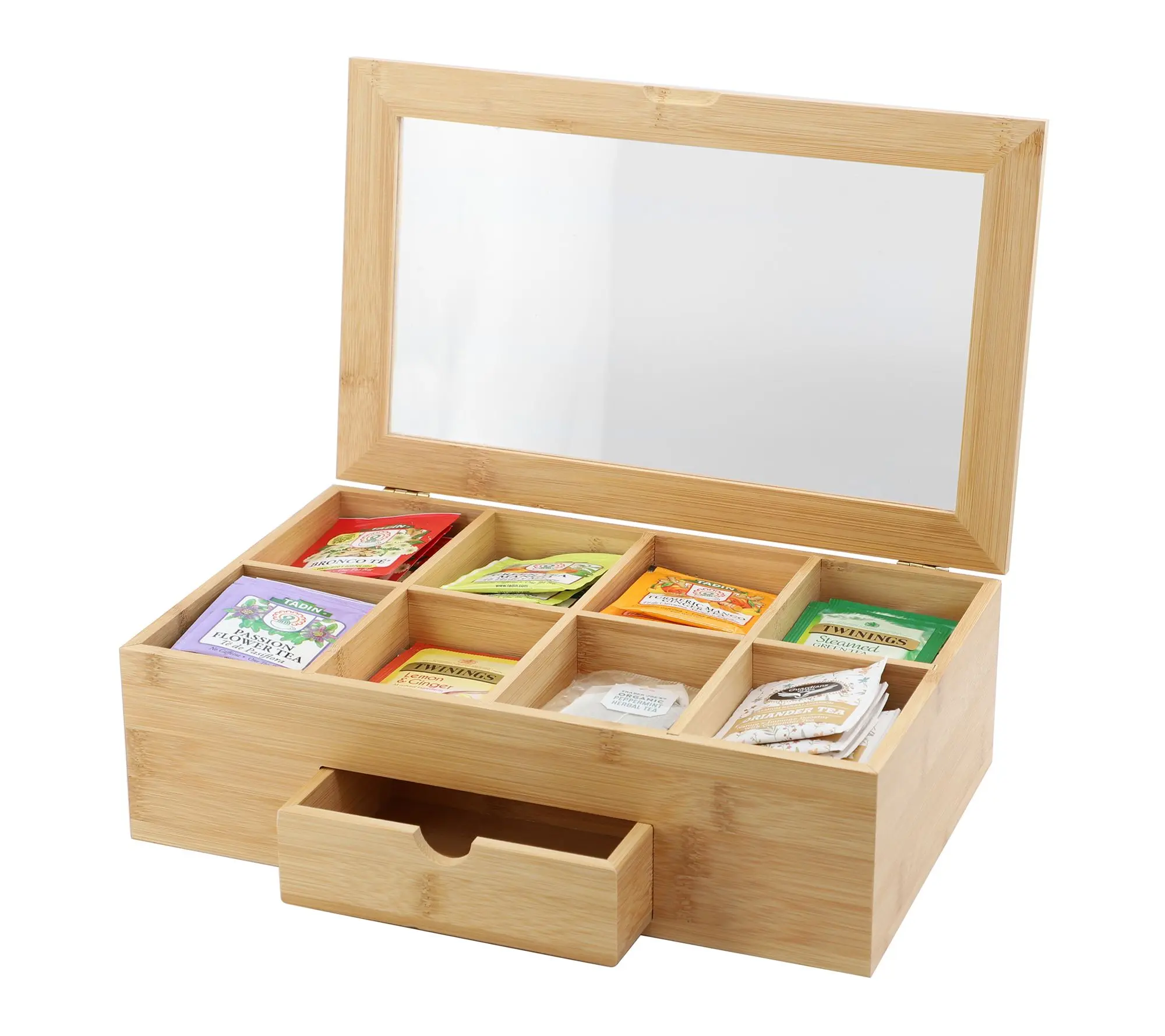 MegaChef 13 x 8In Bamboo Tea Box Organizer with Acrylic Window
