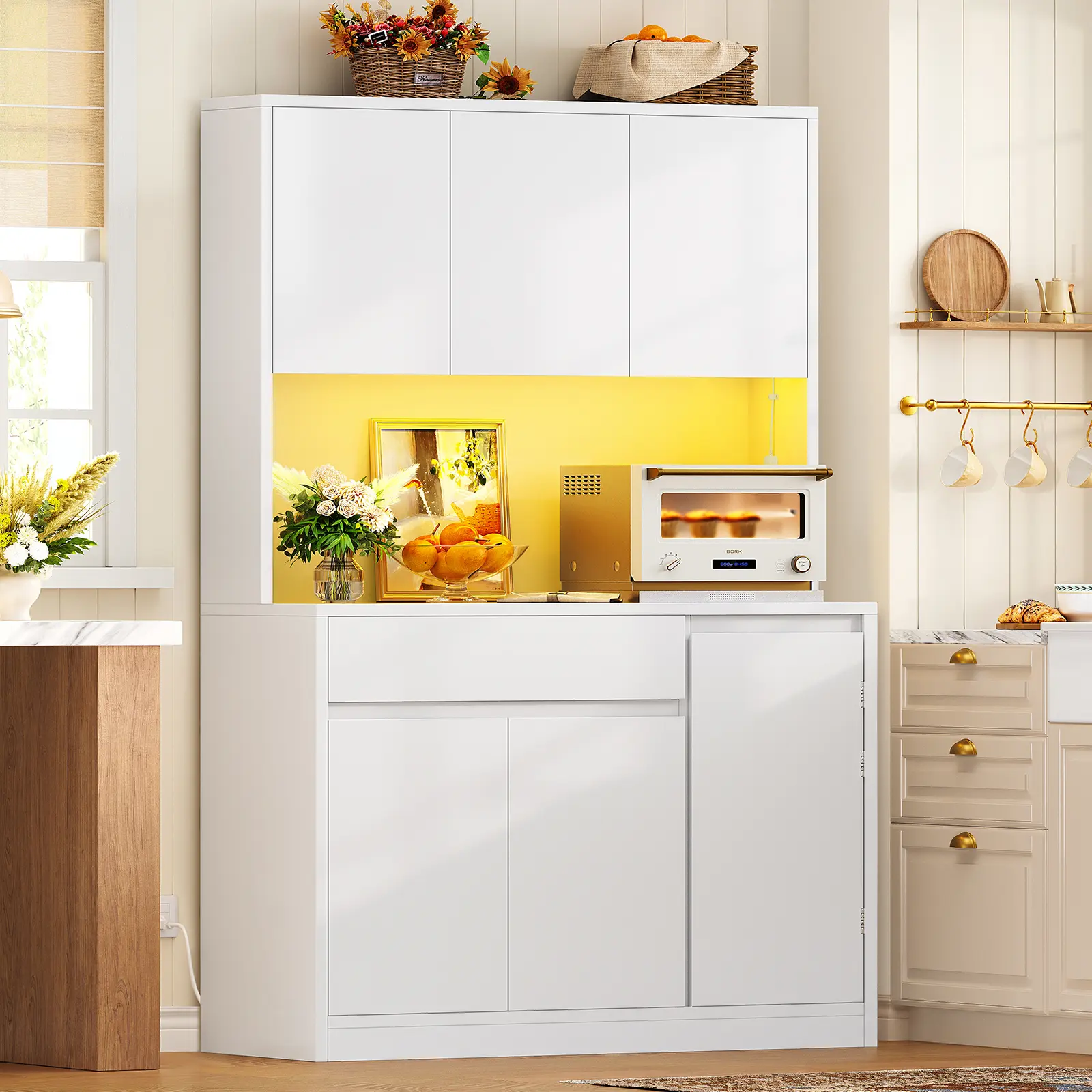 Kitchen Pantry Cabinet with Adjustable Shelf, Tall Storage Cabinet with 8 Door Shelves & 1 Drawer,  Pantry Cabinet with Adjustable RGB Light Strips, Food Pantry Cabinets for Kitchen, Dining Room, Living Room.