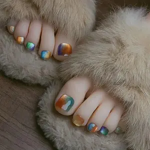 Colorful Cat Eye Iridescent Glitter Shory Fake Toenail, 24pcs/set Removable Toenail Art with Tape & Nail File, DIY Toenail Art Kit for Women & Girls