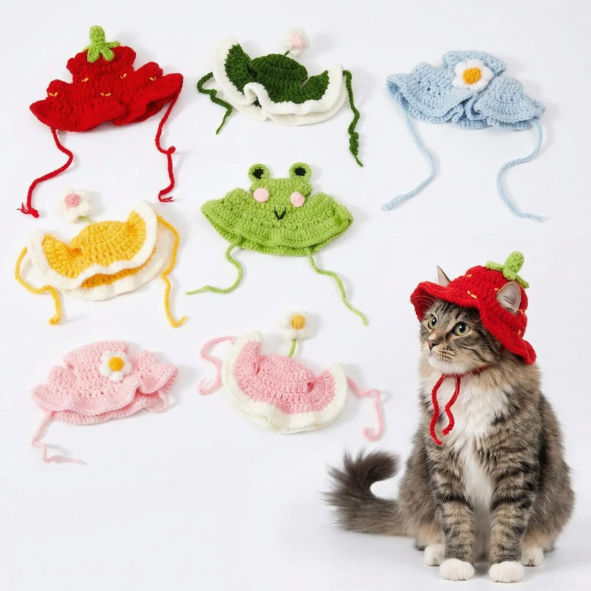 4PCS Handmade Knitted Cartoon Pet Hats - Soft Polyester Frog/Cat/Puppy Shaped Pet Clothing for Small Cats & Puppies, Ideal for Halloween, Daily Wear