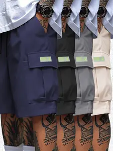 Men’s 4-Pack Japanese-Style Cargo Shorts, Casual Loose-Fit Polyester Blend, Multi-Pocket Drawstring Knee-Length Streetwear Summer Shorts,summervibes