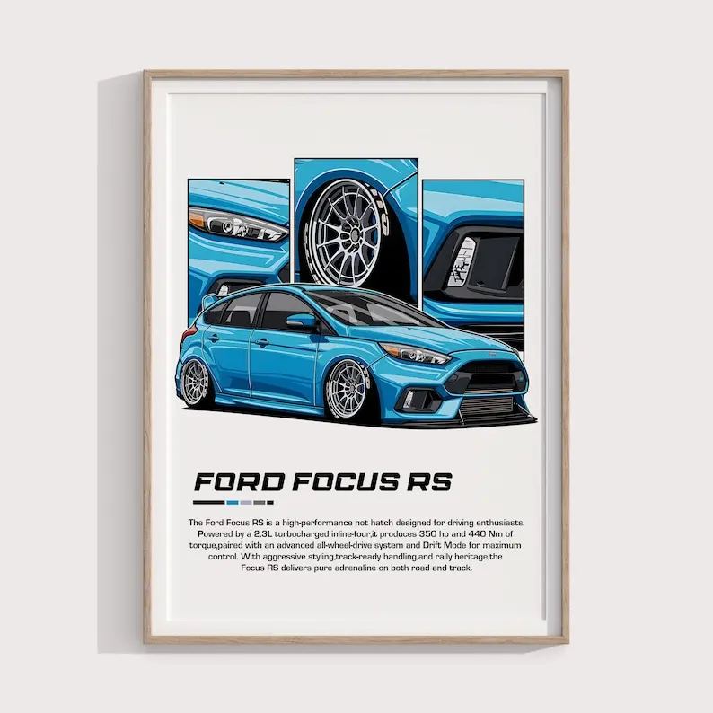 Ford Focus RS Poster Gift for Car Enthusiasts & Collectors Performance Hatchback Wall Art and Garage Decor - No Frame