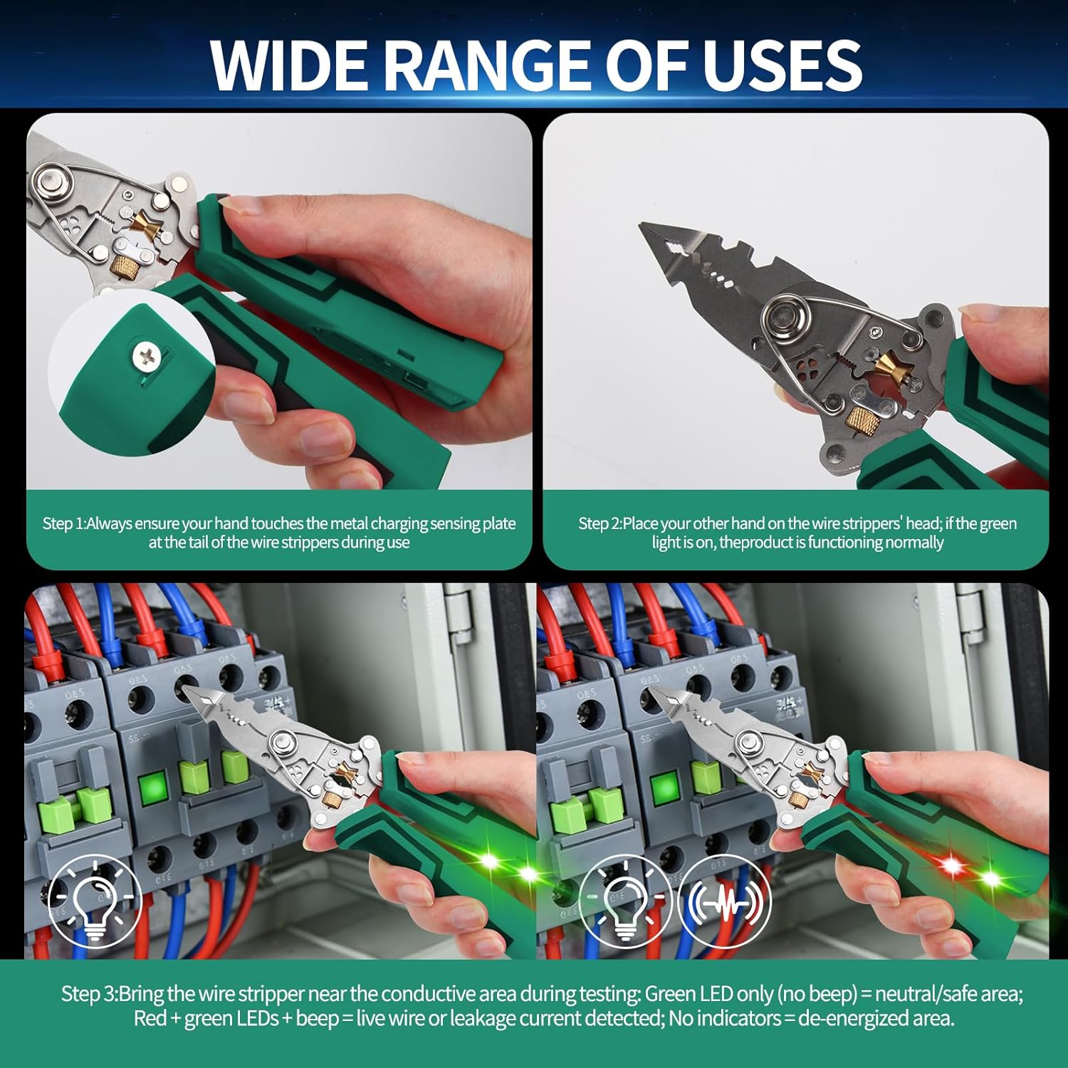 14-in-1 Wire Stripping Pliers 2026 Rechargeable Tool with Voltage Tester Alarms Detectable 12-250V Heavy-Duty Electrical Pliers Wire Cutters for Professional Home Use Green It can also be used as a holiday gift.