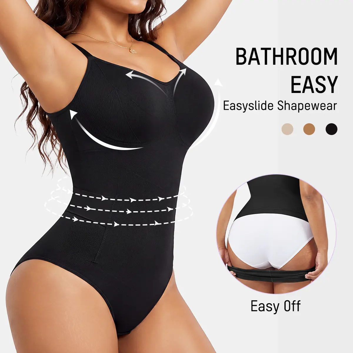 SHECURVE Easyslide High-Cut Shapewear Bodysuit for Women Tummy Control & Butt Lift Faja Seamless Thong Shaper with Bathroom Easy Back Opening Design Deep V Wire-Free Bust Support & Breathable Fabric for Summertime Outfits