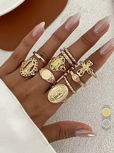 10 Pcs Set Virgin Mary Cross Rings, Retro Rhinestone Geometric Gold/Silver Layered Stackable Stacking Rings Unisex for Daily Wear — A Perfect Gift for Men & Women Featuring Adjustable Openings on Select Rings.