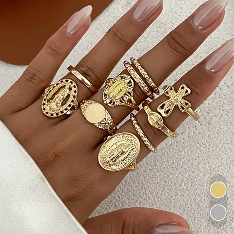 10 Pc Set Virgin Mary Cross, Retro Rhinestone Geometric Gold/Silver Layered Fashion Rings Unisex for Daily Wear — A Perfect Gift for Men & Women Featuring Adjustable Openings on Select Rings.