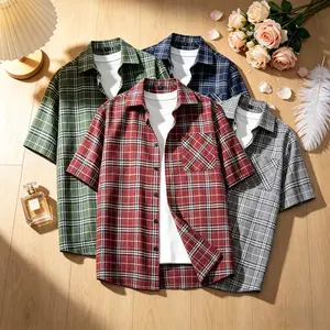 Fashion Men's 2 Pack Plaid Short Sleeve Button Down Shirts, Loose Checked Casual Tops, Trendy Streetwear Style Clothing for Summer Daily Outfits and Street Wea