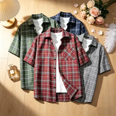 Fashion Men's 2 Pack Plaid Short Sleeve Button Down Shirts, Loose Checked Casual Tops, Trendy Streetwear Style Clothing for Summer Daily Outfits and Street Wea