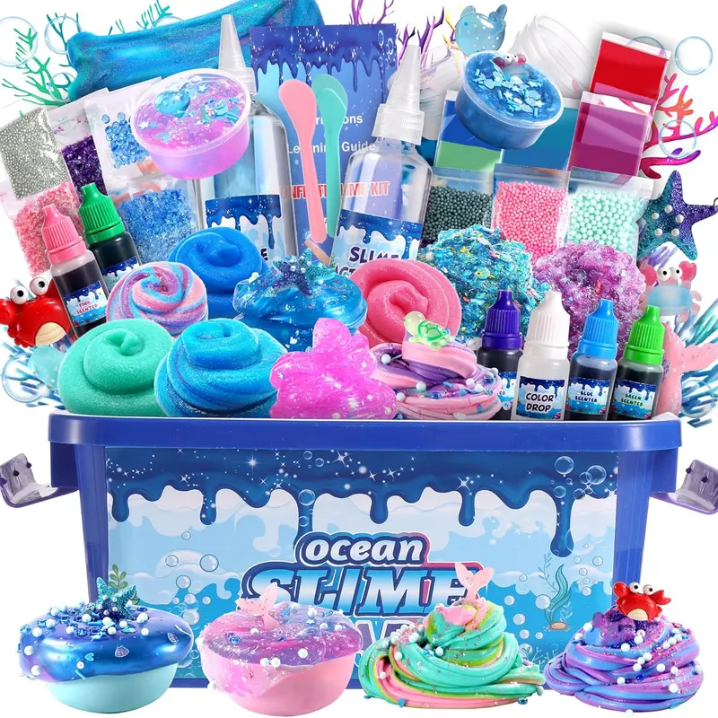 Christmas Gift Large Ocean Slime Kit for Boy and Girls, Non Sticky, Super Soft Sludge Toy, Birthday Gifts for Kids 4-12,Soft Shiny Metal Clay Toy Girls & Boys