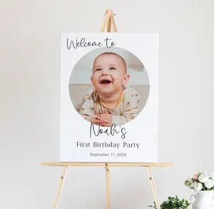 Photo First Birthday Welcome Sign, Minimal 1st Birthday Welcome Poster, Gender Neutral Editable Party Sign