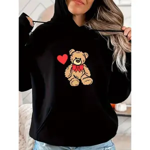 Women's Cartoon Bear Print Drawstring Hoodie, Casual Pocket Long Sleeve Hooded Sweatshirt, Ladies Spring & Fall Clothes for Daily Wear