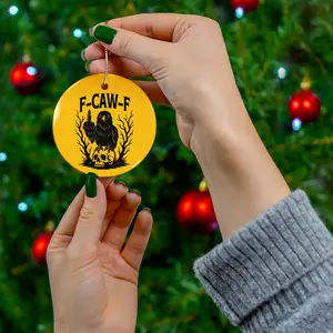F-CAW-F Crow Skull Ornament Ceramic Round Christmas Decoration Glossy Finish Lightweight Sturdy Gold-Toned String Circle Shape