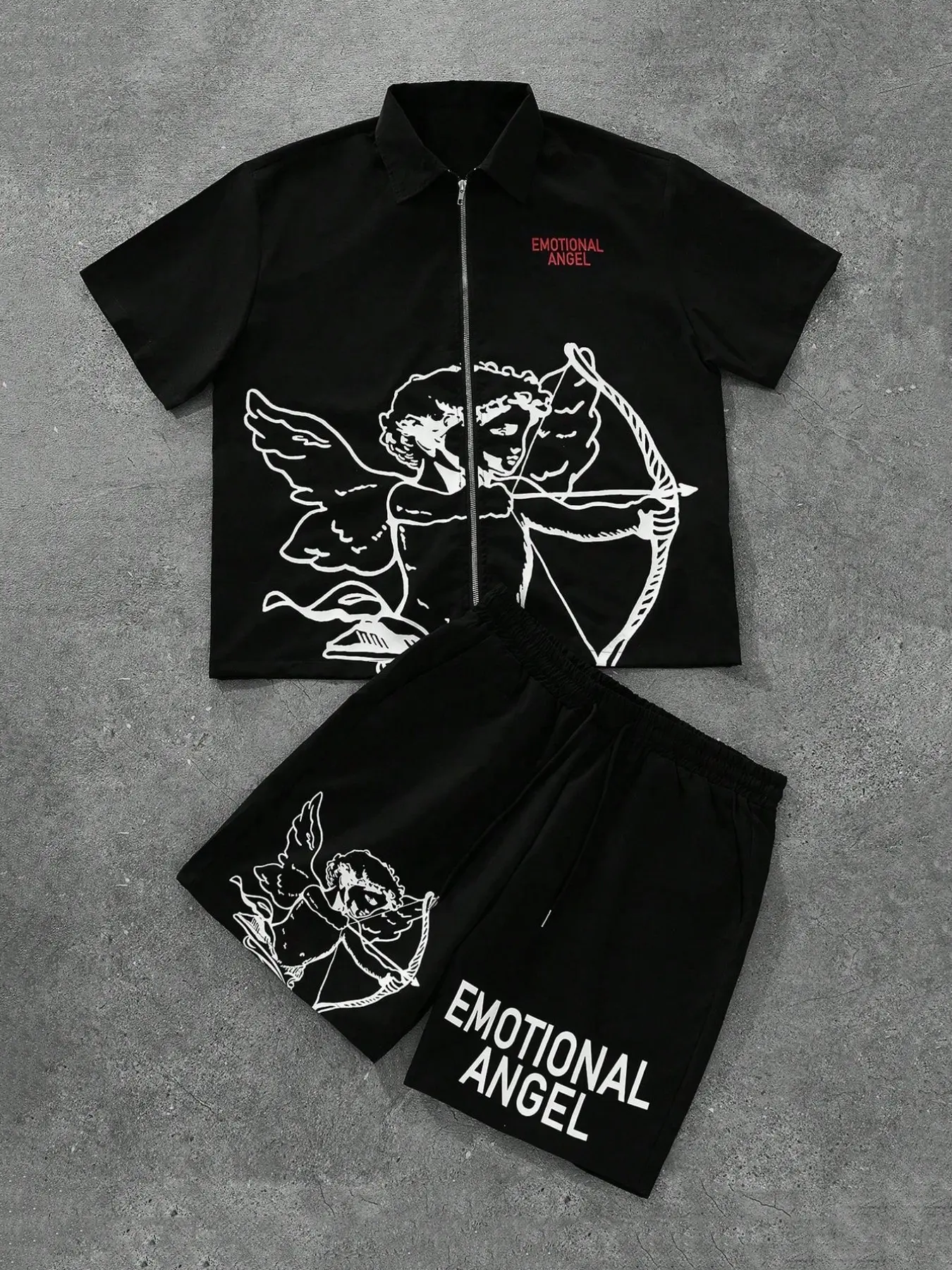 Two-Piece Set Men's Angel Print Zip Up Jacket & Shorts, Casual Regular Fit Contrast Trim Short Sleeve Outerwear & Shorts, Two-piece for Men