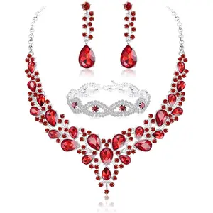 FINREZIO 4 Pcs Red Crystal Brilliant Jewelry Set for Women Men Exquisite Teardrop Ruby V-Neck Necklace Gorgeous Dangle Earrings Delicate Bracelet Sparkly Alloy Bridal Prom Jewelry for Weddings Parties Gift Giving