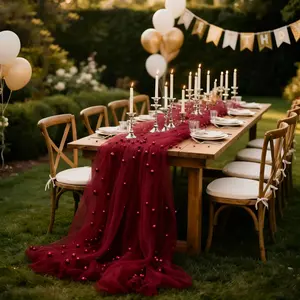 One piece, burgundy pearl tulle, semi-transparent mesh, suitable for wedding ceremony/holiday party decorations, decorative arches/tablecloths/Table Runner/chair back ties/dessert tables/staircase railings, etc., perfect for Christmas