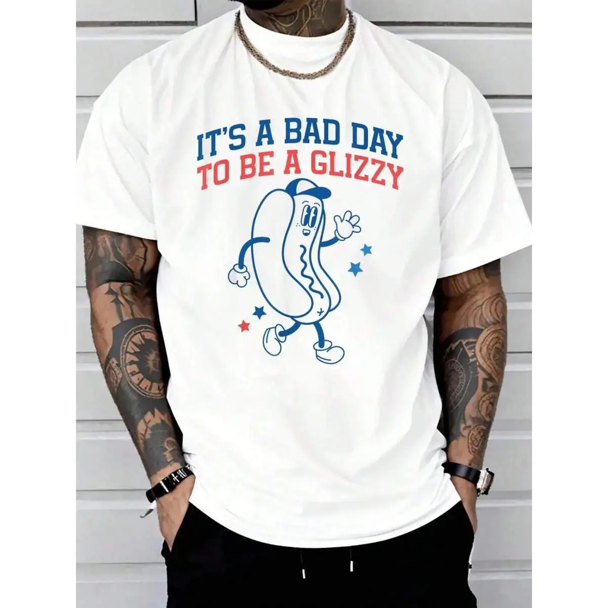 180gIt's A Bad Day To Be A Glizzy Funny Fourth Of July Hot Dog T-Shirt Print T-Shirt Casual Crew Neck Short Sleeve Comfort Tee Top For Spring & Summer Men's Clothing