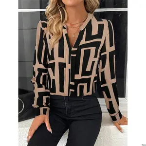 Autumn / Spring OverPrintNotchedNeckLongSleeveShirt - EMERYROSE1pcWomenCasualAll