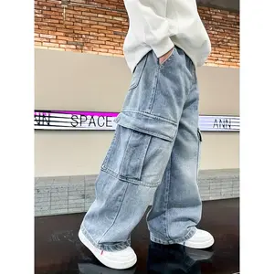 [Street Style Cargo Jeans] Cotton Blend Denim Boys' Fashion Street Style Cargo Jeans|         Non-Stretch, Solid Color, Loose Fit, with Multiple Pockets, Elastic Waist, for Casual Weekend Wear, All-Season Long Pants