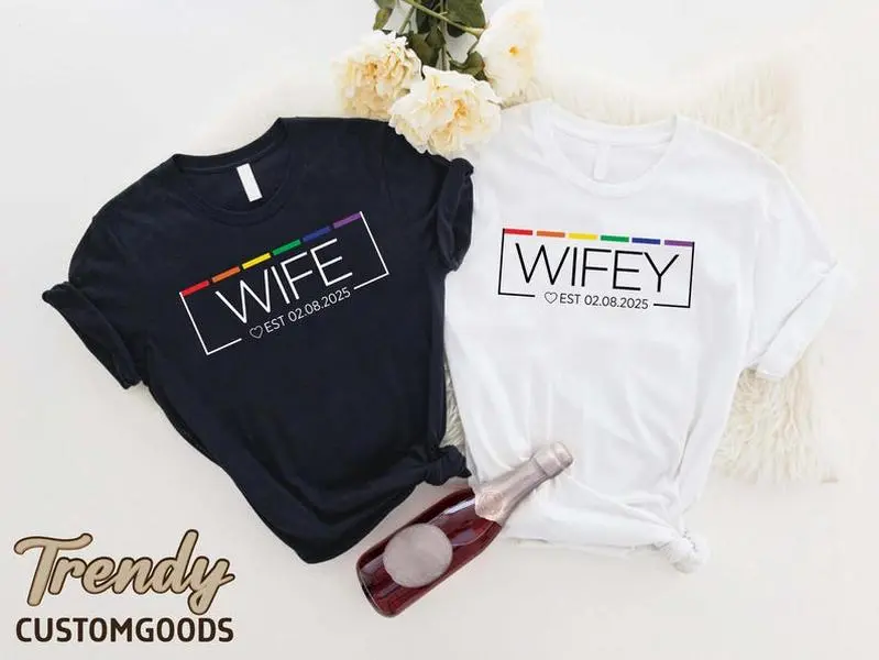 Custom Wifey Lesbian Wedding Shirt, Lesbian Couples Shirt, Lesbian Wedding Gift, Lesbian Anniversary, LGBTQ Newlywed, Two Bride Lesbian Wifey Tee