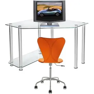 RTA Home and Office CT-013 Clear Tempered Glass and Aluminum Corner Computer Desk