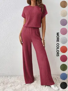 Women's Casual Fitted Knit Set, Short Sleeve Top & Long Pants Two-Piece, Summer Fashion, Regular Length, Moderate Fabric Thickness