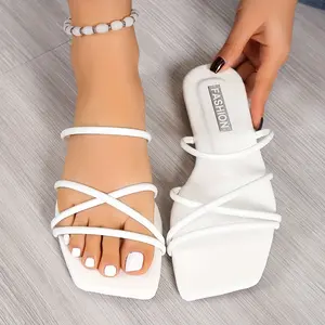 Women's Solid Color Slide Sandals, Casual Square Toe Flat Shoes, Lightweight Slide Sandals Girl White Footwear Comfort