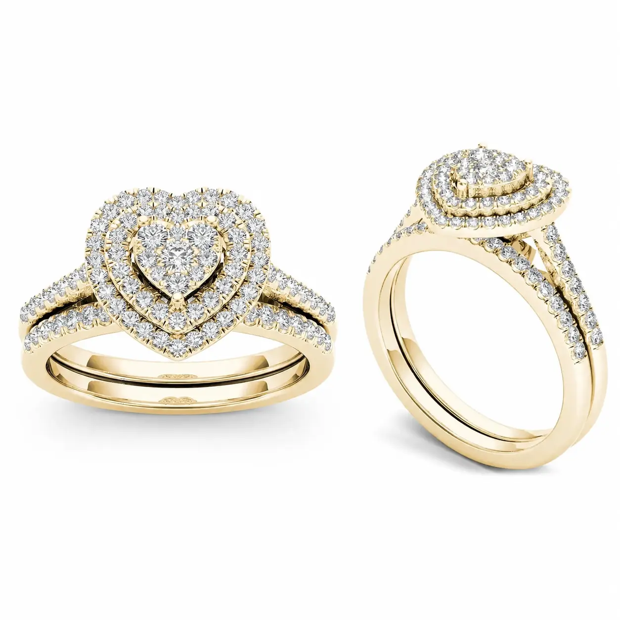 Heart Shaped Engagement Ring Set for Women, Gold Tone Double Halo CZ Wedding Band, Stackable Romantic Promise Ring Jewelry Gift