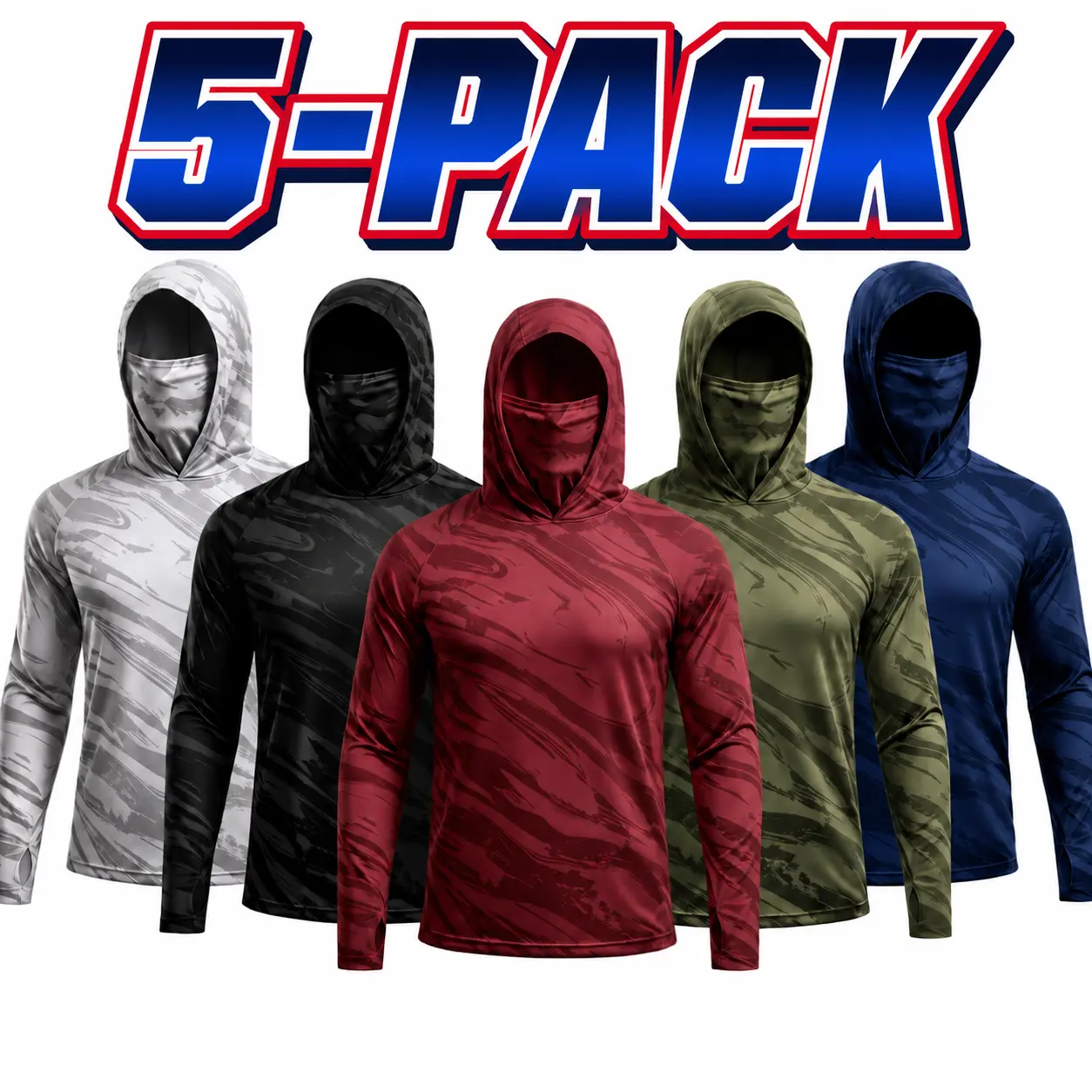 Men’s 5-Pack Long Sleeve Performance Hoodies with Built-In Face Masks, Breathable Moisture-Wicking Sun Protection Shirts, Thermal Long Sleeve Workout Tops and Gym Fitness Clothes for Running, Fishing & Outdoor Sports