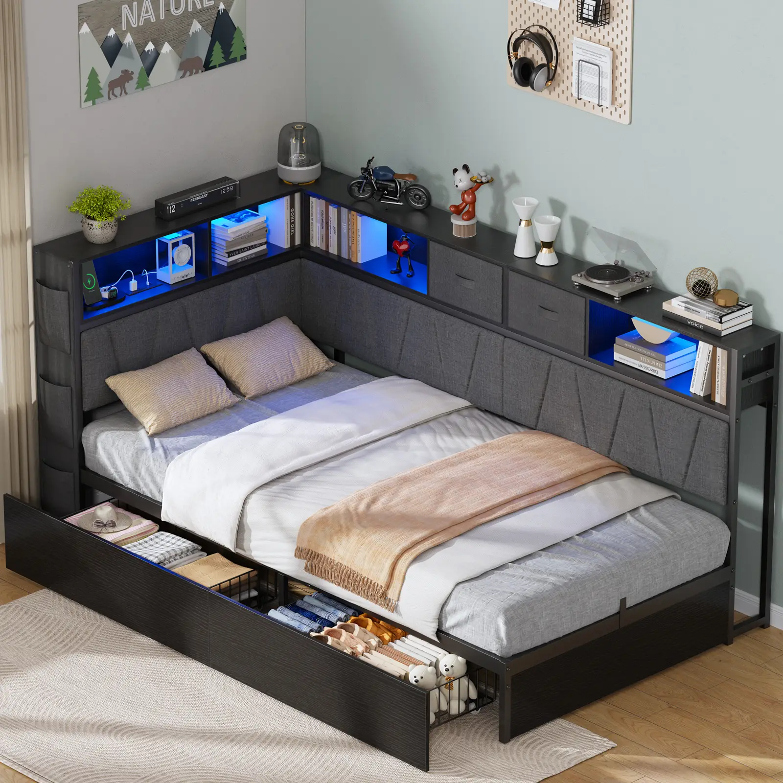 CollaredEagle Twin XL Corner Bed Frame with Storage Bookcase, Kids Bed Unit with Charging Station and LED Light, Twin Size Platform Beds with Storage