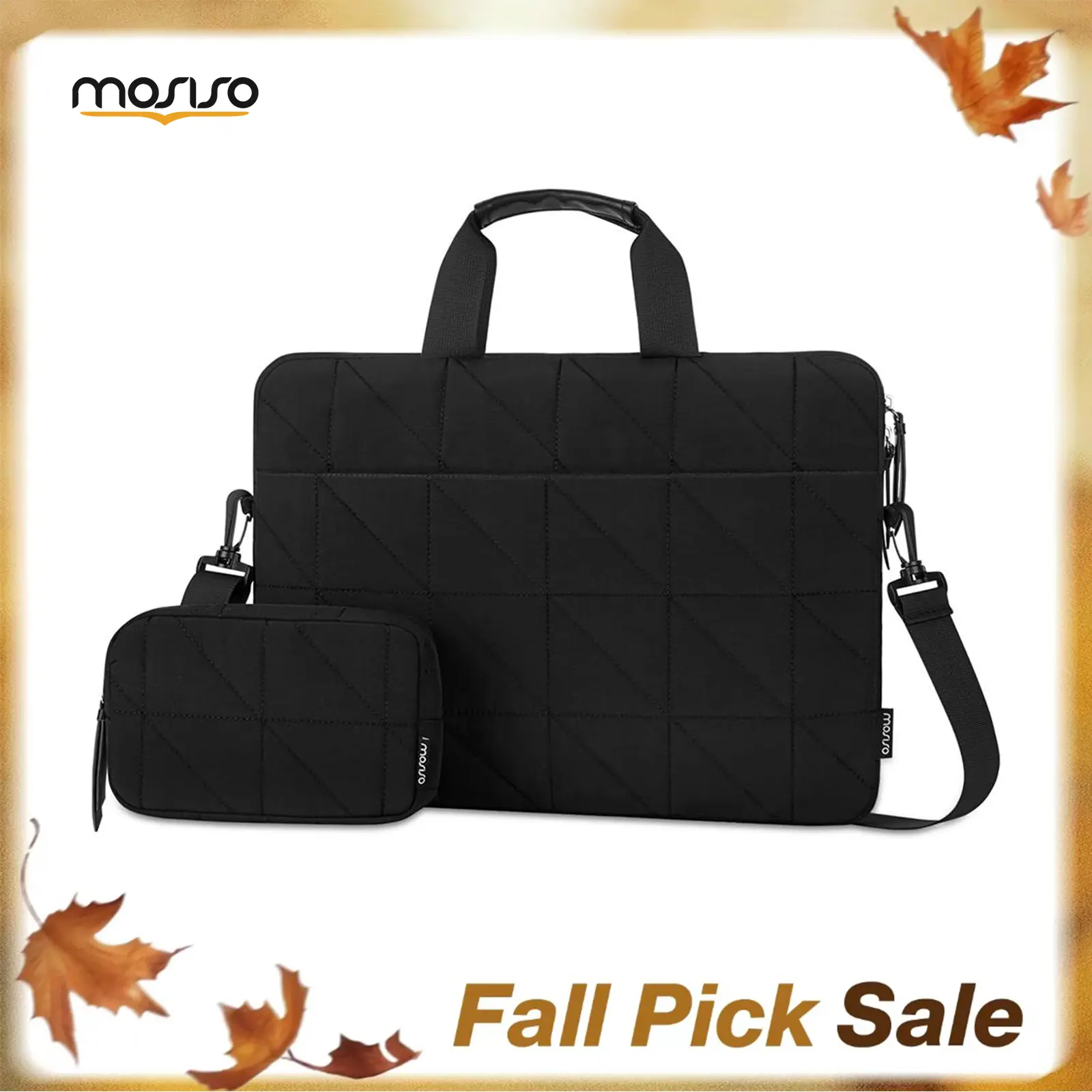 MOSISO Men's Quilted Look Messenger Bag - 16-Inch (14.17x8.18in) Adjustable Shoulder Laptop Bag, Chic Minimalist Plain Polyester, 360° Protection, Diagonal Grid Design, Detachable Pouch, Adjustable Luggage Strap for Work, School, Men's Messenger Bag