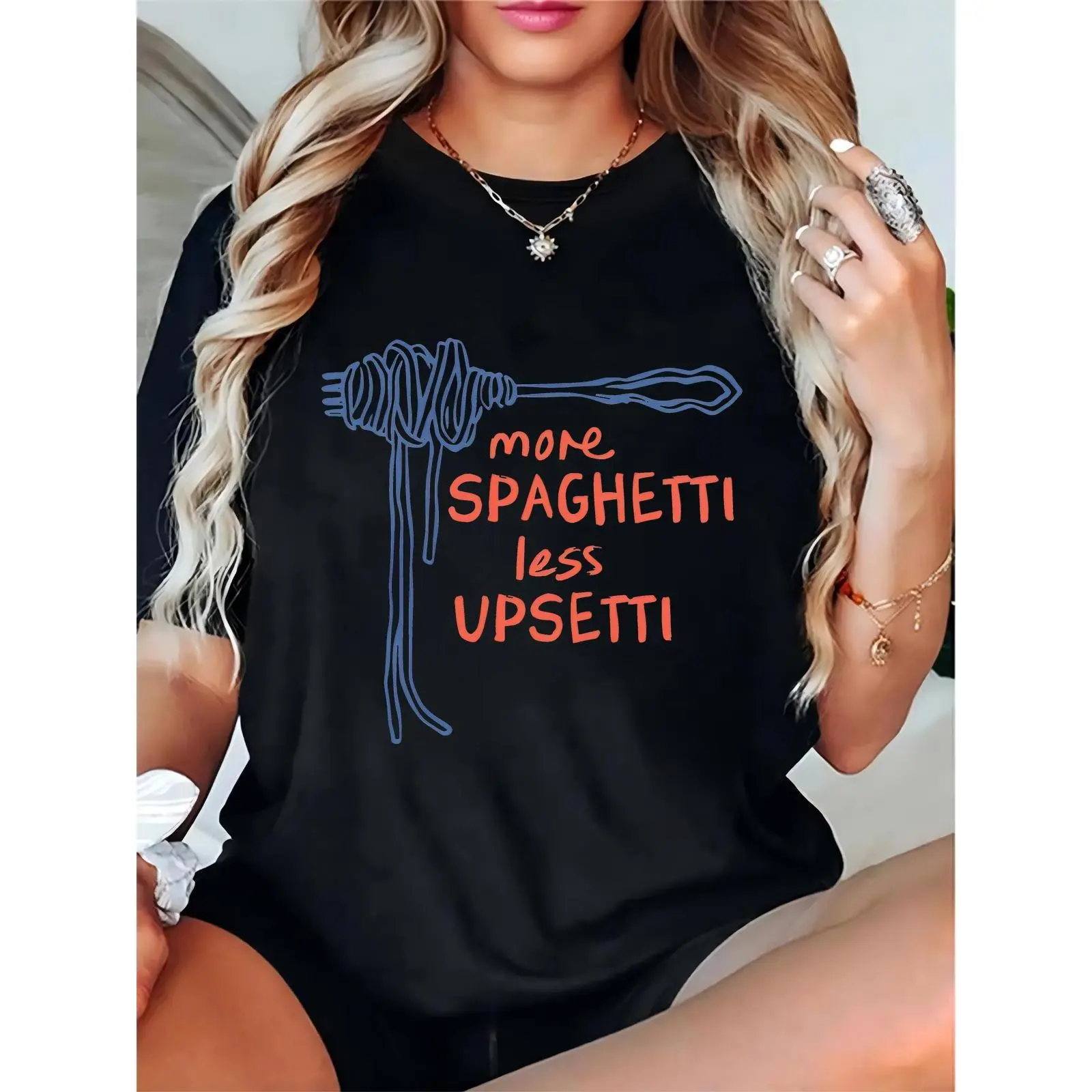 Women's Black T-Shirt with Blue Spaghetti Server Illustration & 'More Spaghetti Less Upsetti' Funny Text, Casual Foodie Tee for Daily Wear, Pasta Lover Gift, Skirts, Day, Basic, Comfortable, Shortsleeve, Ladies, Elegant