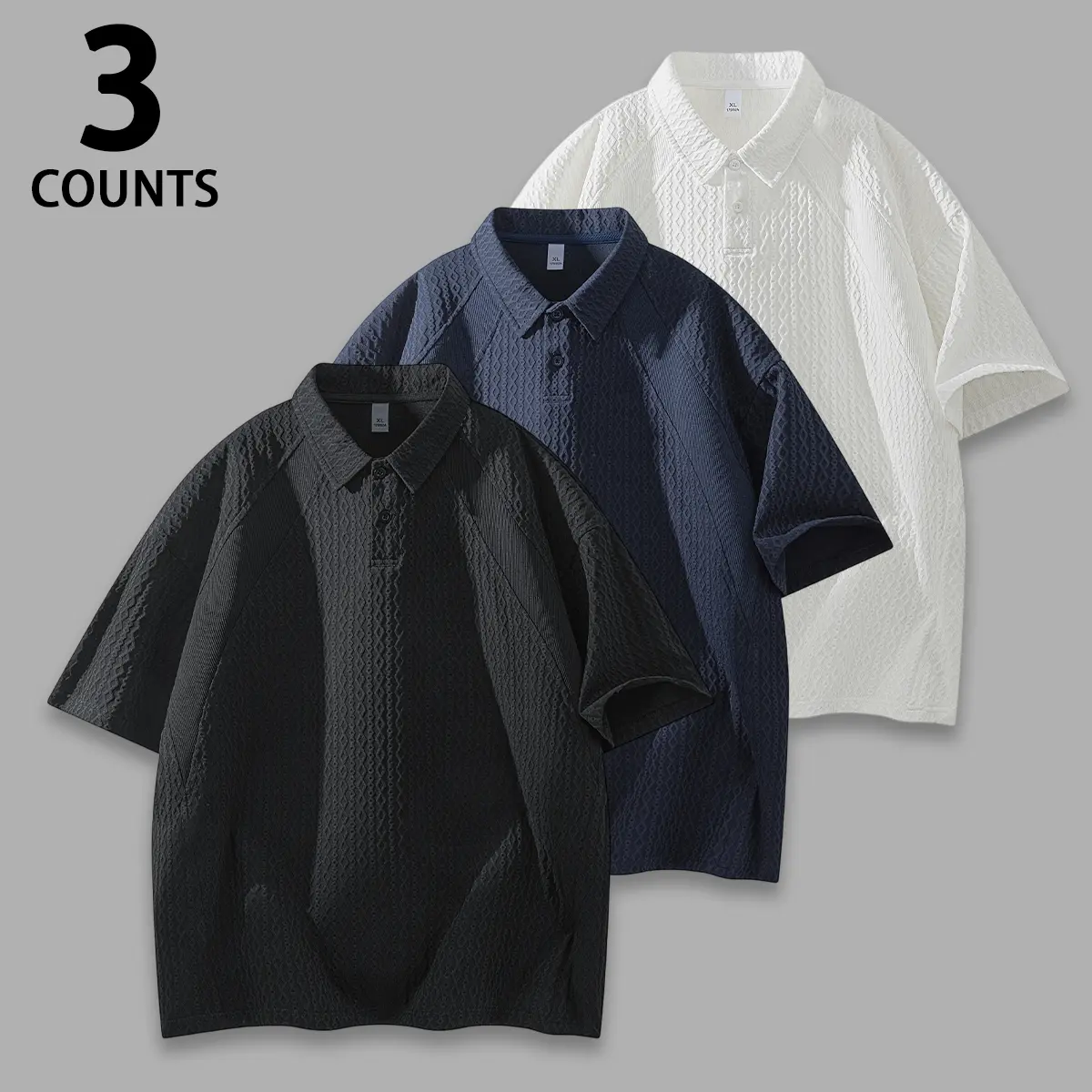 Men's Short-Sleeve Raglan Polo Top - Sporty Chic, Embossed Diamond Vein, Half-Placket, Premium Fabric, Breezy Roomy Loose Fit, Elegant Neat Silhouette, for Daily & Travel Casual Occasions, Minimalist Chic, Diamond Texture, Embossed Veins, Medium Cut, Ragl