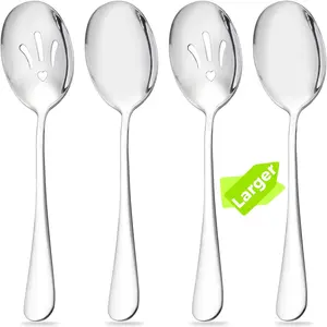 9.8-in Large Serving Spoons Set 18/0 Stainless Steel Serving & Slotted Spoons Heart Buffet Serving Utensil Soup Ladle Dishwasher Safe for Party Festival Daily Home Commercial Pack of 4
