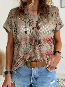 Spring/Summer style, V-neck diamond hollow loose batwing short sleeve cover-up, contrast color landscape floral print women's knitted top, vacation style, casual and elegant for commute, women's vest cover-up, bikini cover-up, Bohemian vacation beach cove