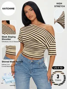 Katch Me Chic Women's Elegant Striped Sloping Shoulder Shirred Waist Crop Top, Leisure Skin-Friendly Short Sleeve Flattering Daily Outfit, High Stretch Pill Resistant Summer Tops