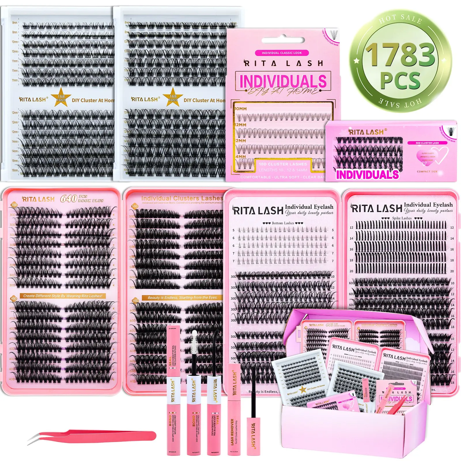 RITALASH 6 Styles Lash Clusters Kit 1783Pcs Eyelash Clusters Lash Kit Volume Lashes Clusters D Curl DIY Individual False Eyelashes with Bond&Seal Remover Tweezers Wispy Bulk Cluster Eyelash Extensions Kit Mixed Individual Lashes Eyelashes Extension Set