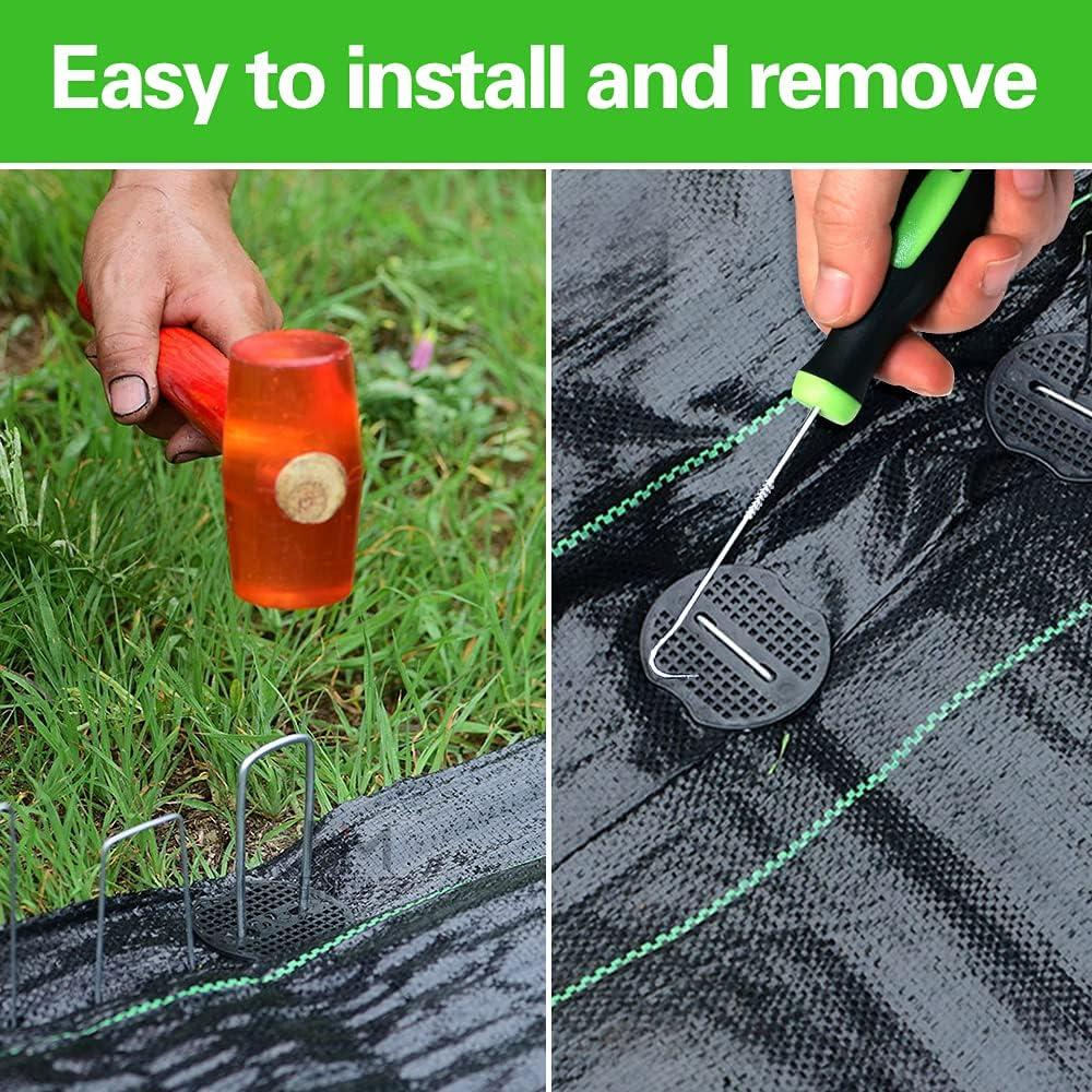 101-Piece Ergonomic Galvanized U-Shaped Garden Stakes Kit - 50 6-in 2.2mm Thickness Heavy-Duty Steel Wire Garden Staples, 50 Plastic Fixing Gaskets, 1 Pick Hook for Weed Barrier Cloth, Landscaping, Holiday Decorations