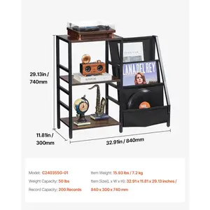 VEVOR Record Player Stand with Charging Station USB Ports, Holds up to 200 Albums, 3-Tier Turntable Stand with Vinyl Record Storage, Record Player Table with Display Shelf for Bedroom, Living Room