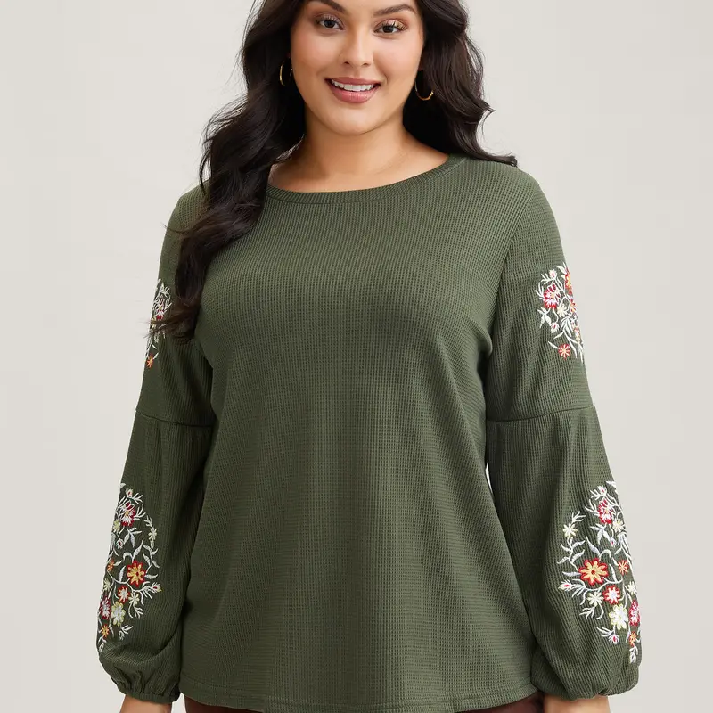 BloomChic Waffle Knit Floral Embroidered Lantern Sleeve T-shirt 【M-6XL】