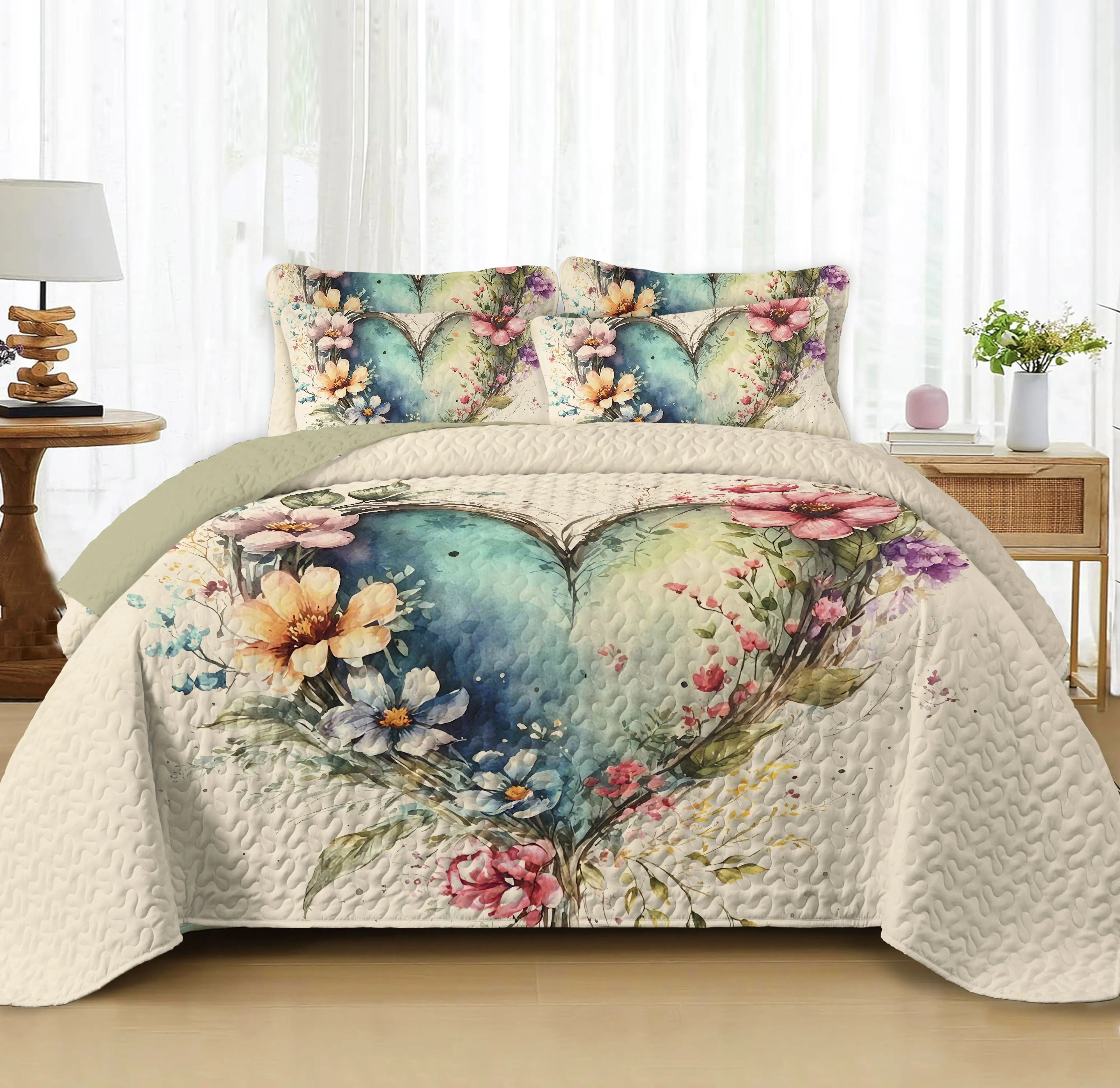 Watercolor-Heart Floral Coverlet Bedding Set, Soft Quilts Bedspreads for Room Decor, Lightweight Quilted Thin, Breathable All-Season Home Bedding, Machine-Washable, Fade-Resistant, Versatile for All Bedroom Styles,sohochic