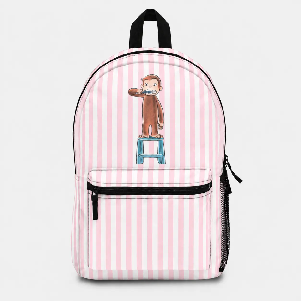 Curious George Pink Stripe Backpack, Cute School Backpack, Pink Striped Book Bag, Adorable Cartoon Backpack