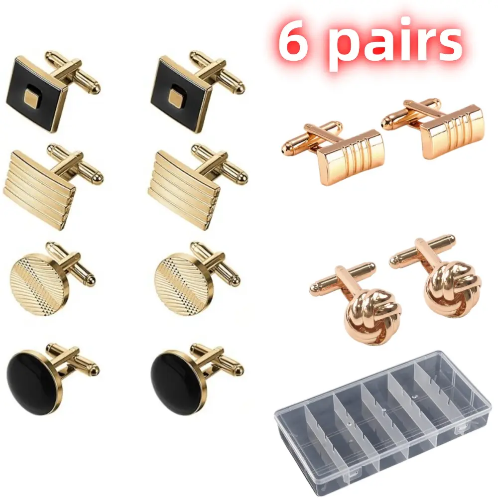 6 pairs Gold Square Rectangle Cuff Links with Gift Box Classic Striped Pattern Men’s Cufflinks For Wedding Groom Business