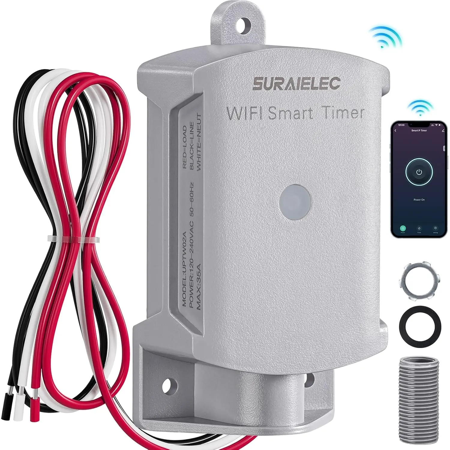 Wi-Fi Smart Timer Switch with Wi-Fi Control, 2.2ft Cables, 35A 120V AC Waterproof Junction Box, 4200W Durable Flame-Retardant Insulator, Outdoor Light Timer for Holiday Decorations & Enhanced Security
