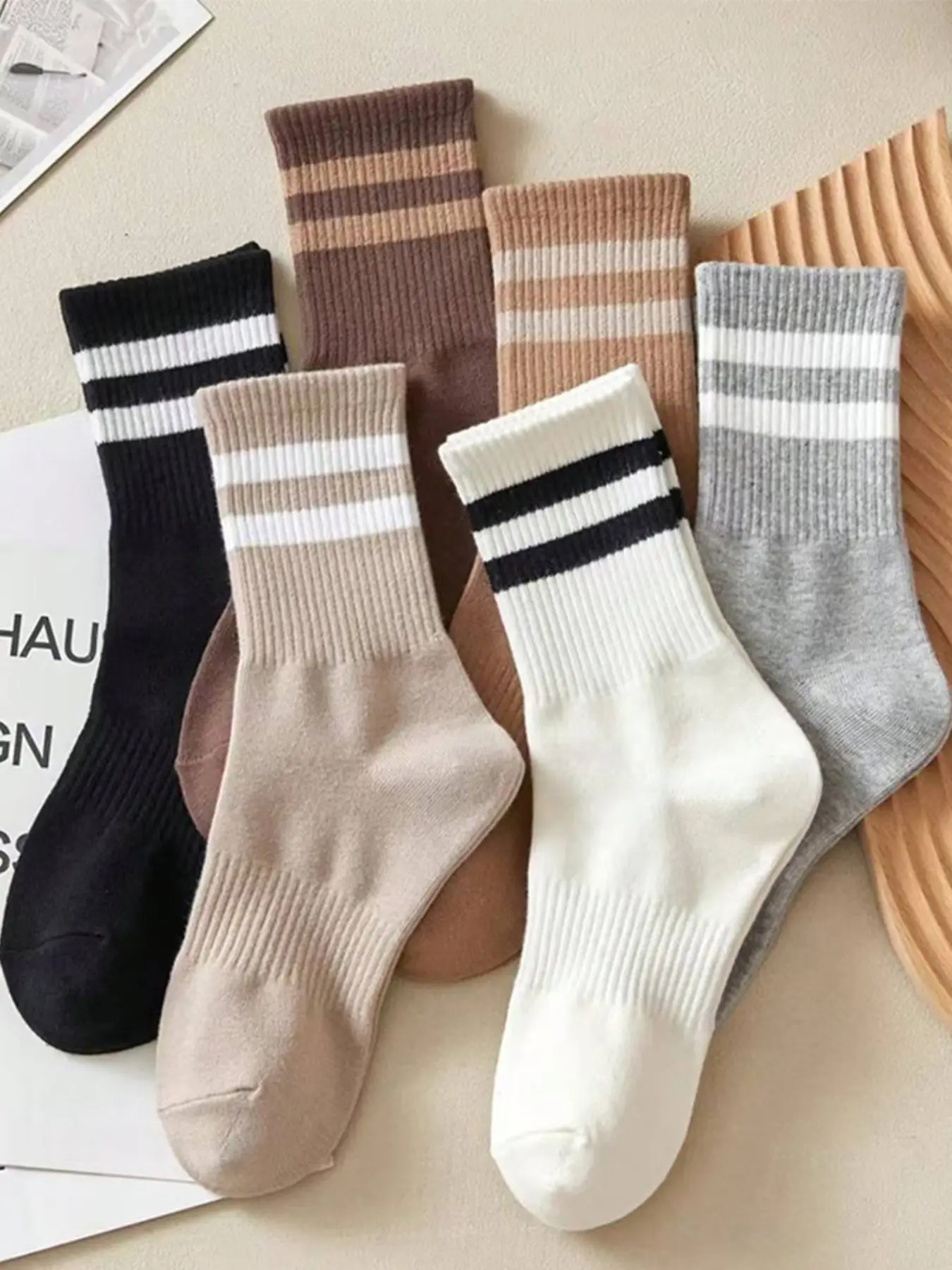 6 Pairs Multi-Color Striped Mid-Calf Socks, Athletic Sports Socks, Lightweight Breathable Odor-Resistant, Casual Athletic Activewear Fitted Footwear for All Seasons