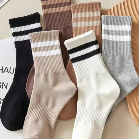 6 Pairs Multi-Color Striped Mid-Calf Socks, Athletic Sports Socks, Sports Athleisure Socks, Lightweight Breathable Odor-Resistant, Casual Athletic Activewear Fitted Footwear for All Seasons