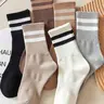 6 Pairs Multi-Color Striped Mid-Calf Socks, Athletic Sports Socks, Sports Athleisure Socks, Lightweight Breathable Odor-Resistant, Casual Athletic Activewear Fitted Footwear for All Seasons