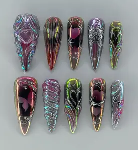 Gothic Chrome Heart Press On Nails – 3D Butterfly, Heart & Flame Designs, Dark Holographic Jelly Tips, Handmade for Y2K & Alt Girl Looks