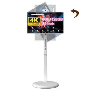 KVKID 32 Inch UHD 4K Portable Smart TV on Wheels, 8GB + 128GB Storage, Android 15 OS, Rolling TV with Rotatable Touch Screen, Camera and Stand, Full Swivel Rotation, Voice Remote for Home, Outdoors