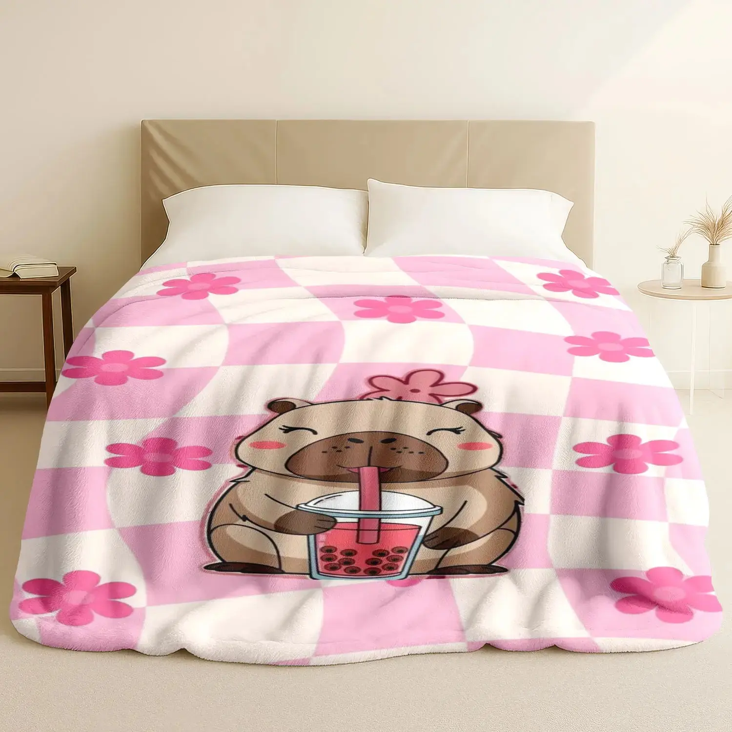 1 Piece Super Comfortable Flannel Throw Blanket, Pink Base Capybara Checkerboard HD Digital Print Design, Lightweight All-Purpose Leisure Cover Blanket for Daily Rest & Home Decor